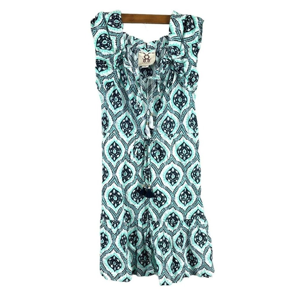 Figue Gianna Mini Dress sz XS green white ruffle tassel